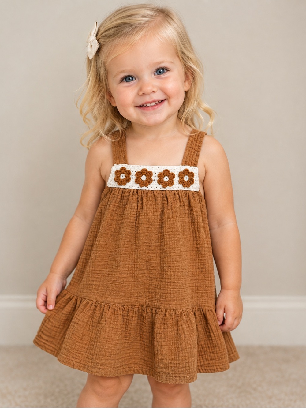 Adorable Tan Kids Dress with Floral Accents